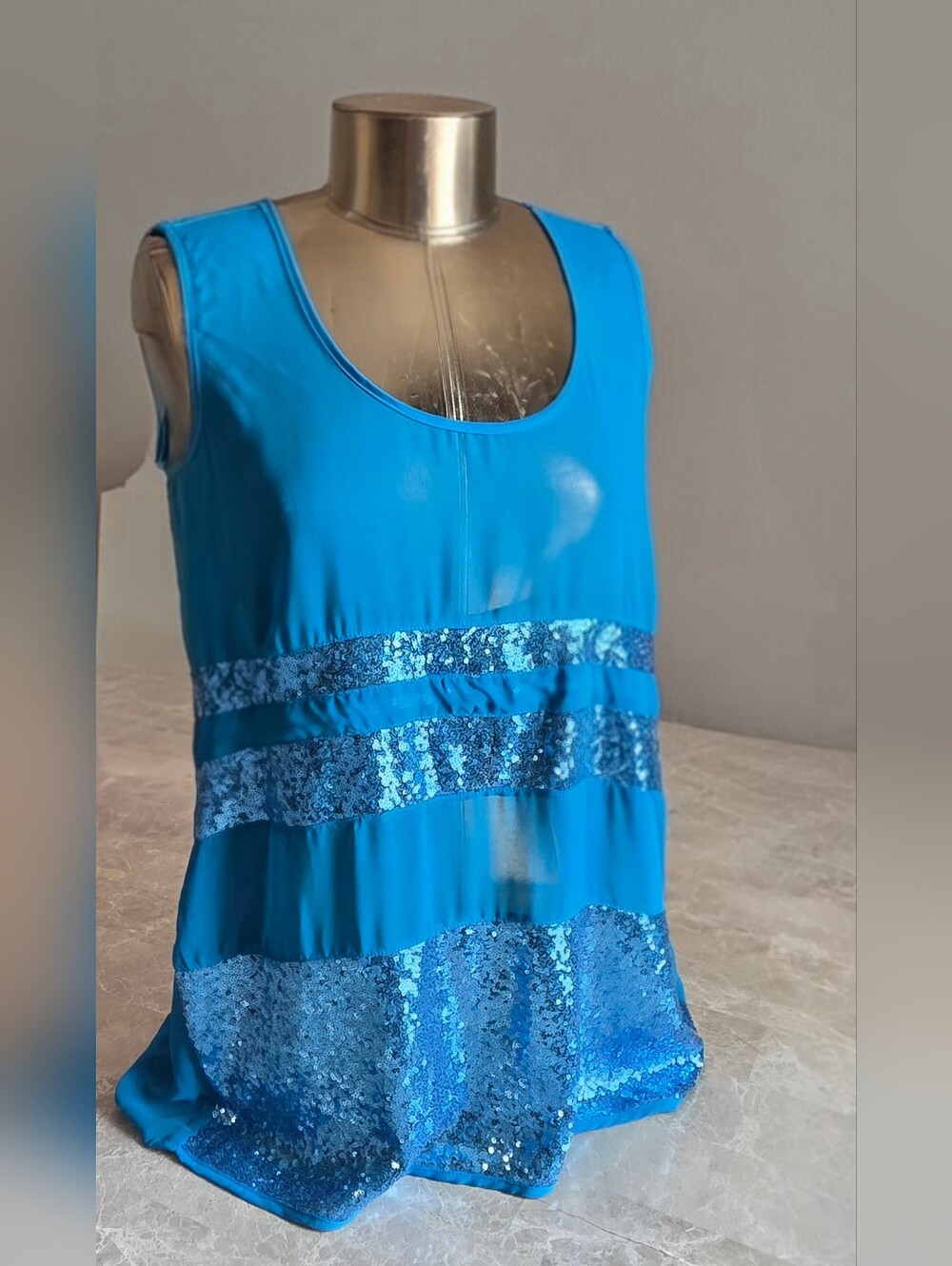 Blue Sequin Scoop Neck Tank Top - Women